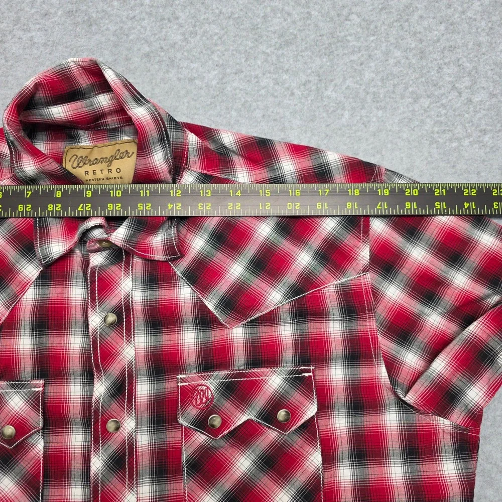 Wrangler Retro Western Red Plaid Snap‎ Button Short Sleeve Shirt Men's Large - Picture 9 of 11